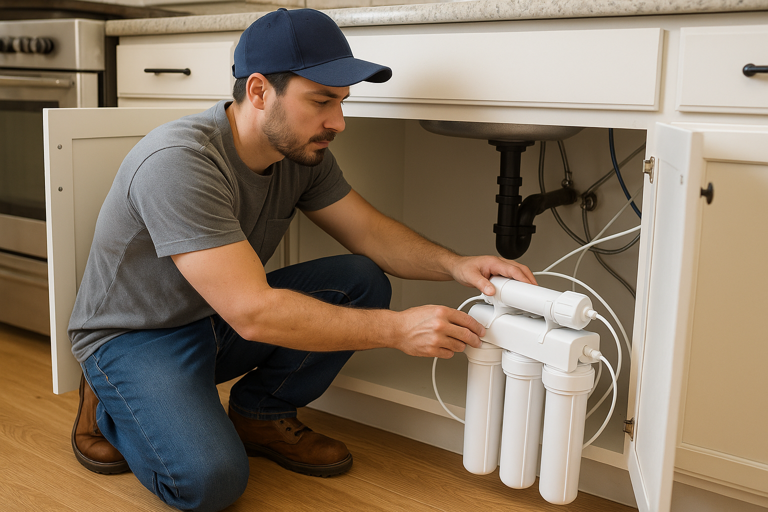 A technician in blue overalls holds two water filters and a glass of clean water, near a reverse osmosis system.