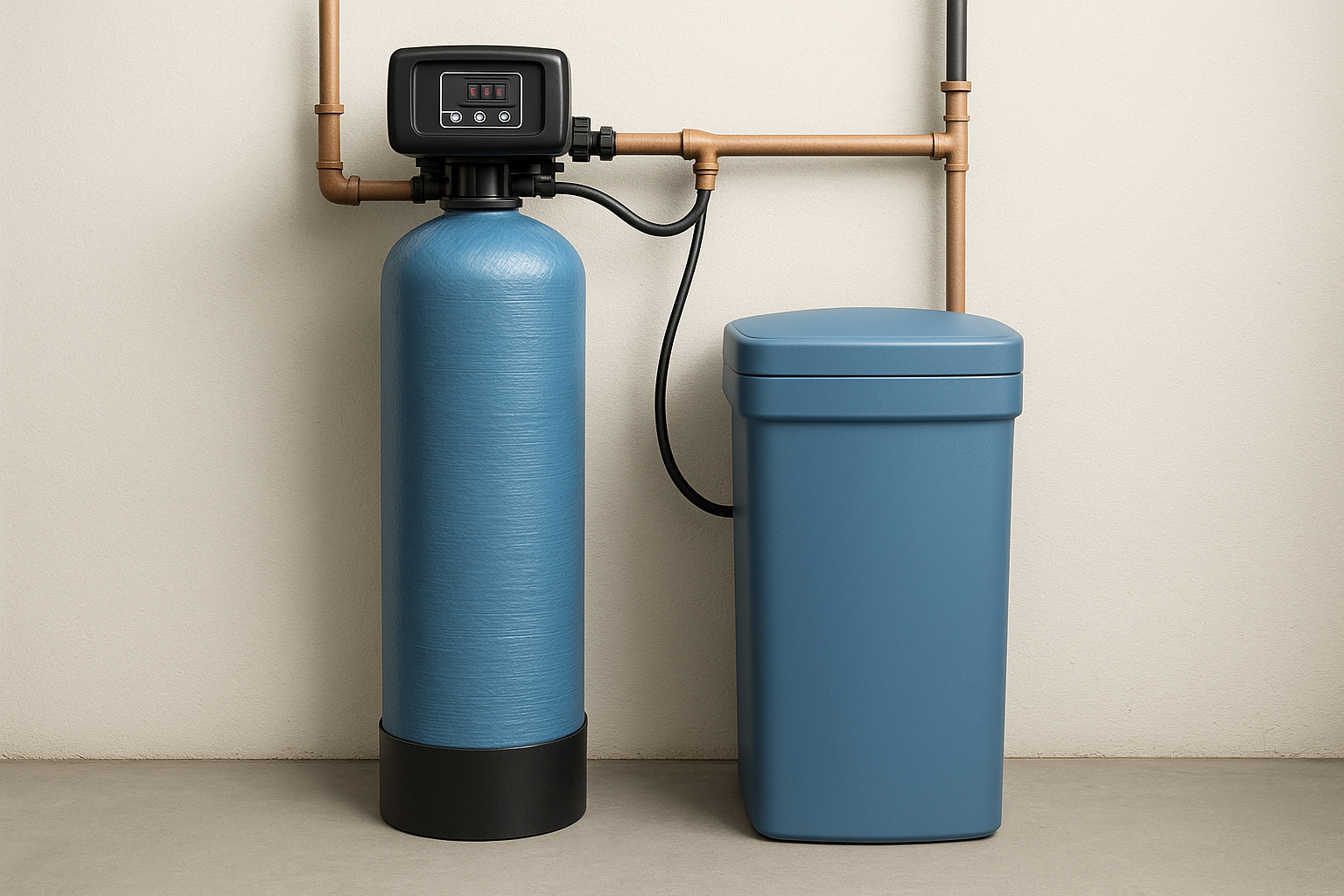 A detailed network of pipes and valves in a mechanical room, with black, red, and blue tubing connected to tanks and equipment.